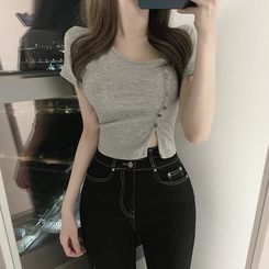 半袖Tシャツ ボタンスリットクロップTシャツ GREY