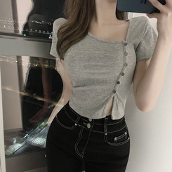 半袖Tシャツ ボタンスリットクロップTシャツ GREY