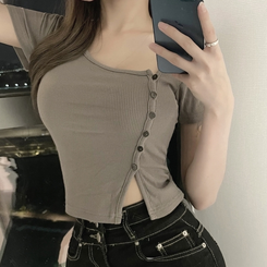 半袖Tシャツ ボタンスリットクロップTシャツ MOCHA