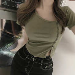 半袖Tシャツ ボタンスリットクロップTシャツ KHAKI