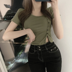 半袖Tシャツ ボタンスリットクロップTシャツ KHAKI