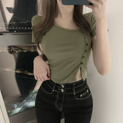 半袖Tシャツ ボタンスリットクロップTシャツ KHAKI