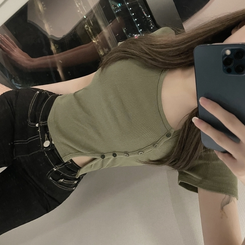 半袖Tシャツ ボタンスリットクロップTシャツ KHAKI