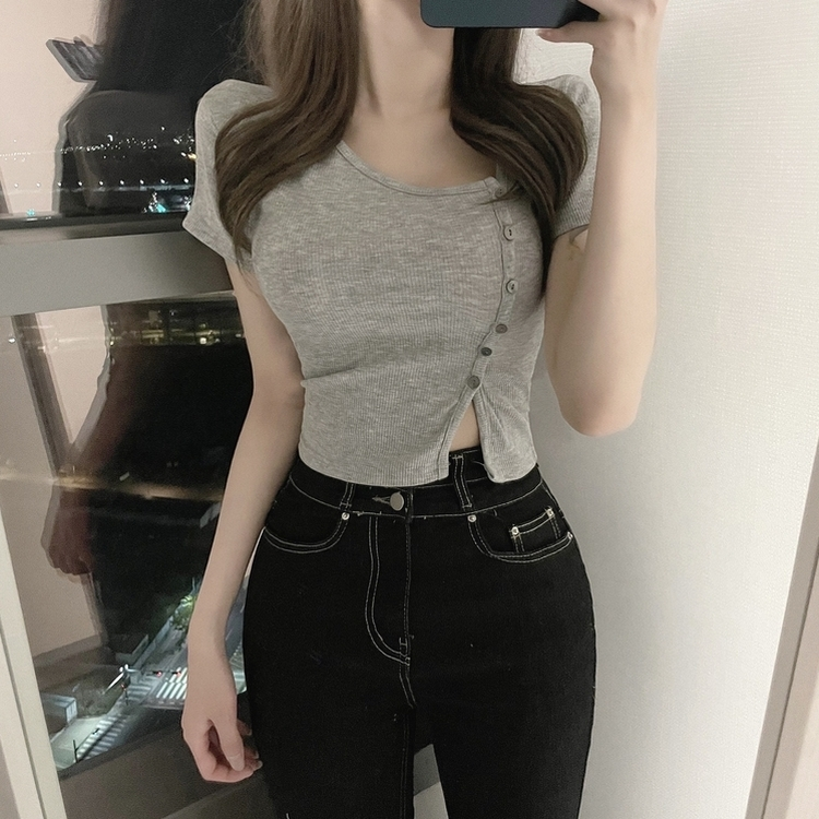 ボタンスリットクロップTシャツ GREY
