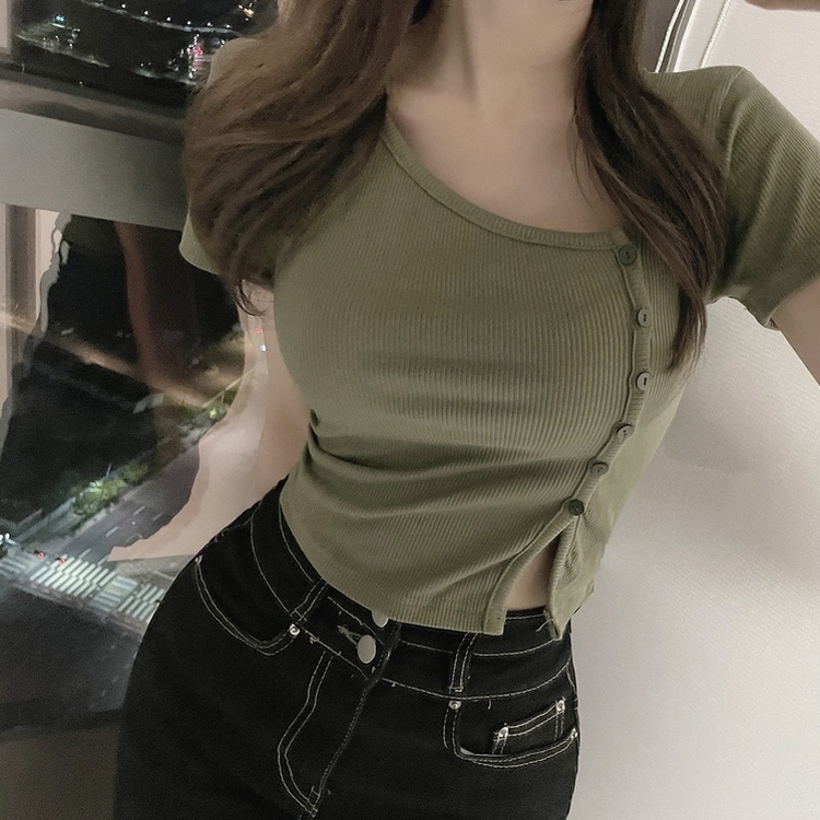 ボタンスリットクロップTシャツ KHAKI