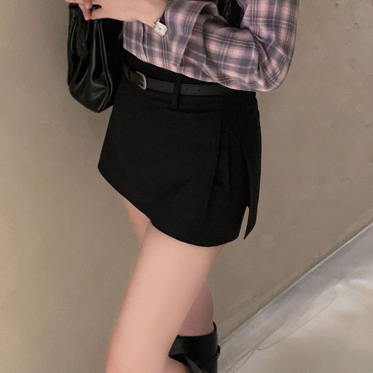 【ベルト付き】サイドスリットミニスカートパンツ BLACK