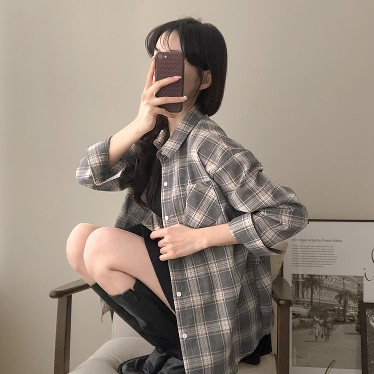 토리 체크 오버핏 셔츠 남방 차콜