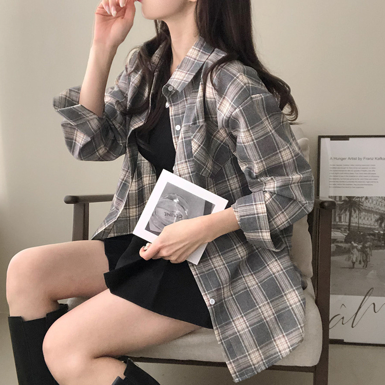 토리 체크 오버핏 셔츠 남방 차콜