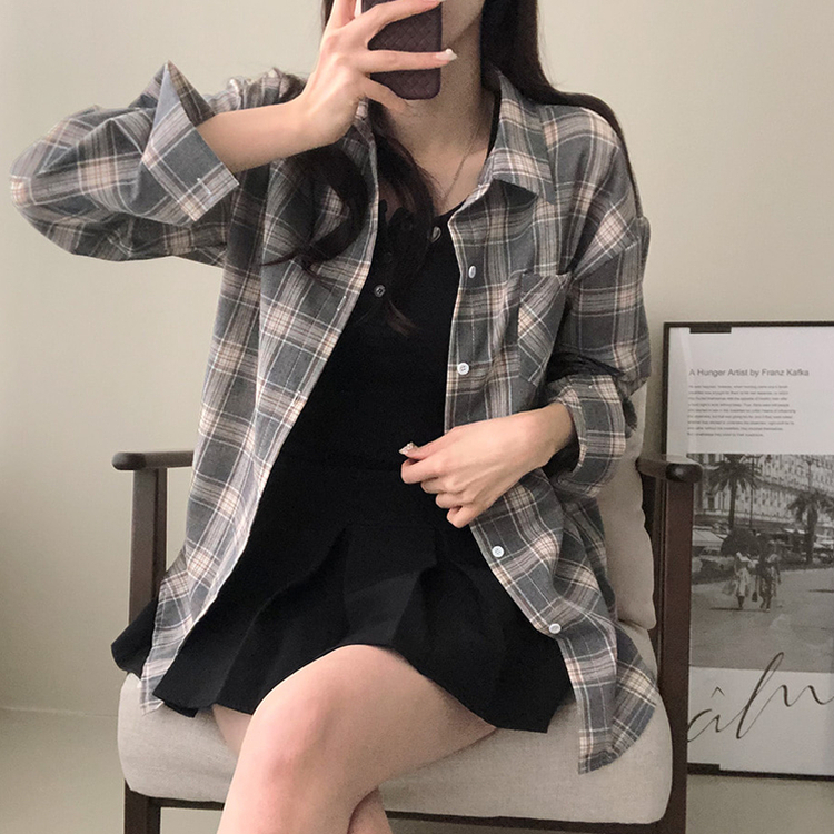 토리 체크 오버핏 셔츠 남방 차콜