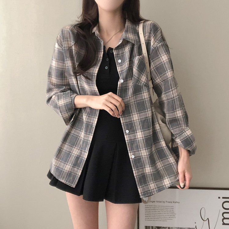 토리 체크 오버핏 셔츠 남방 차콜