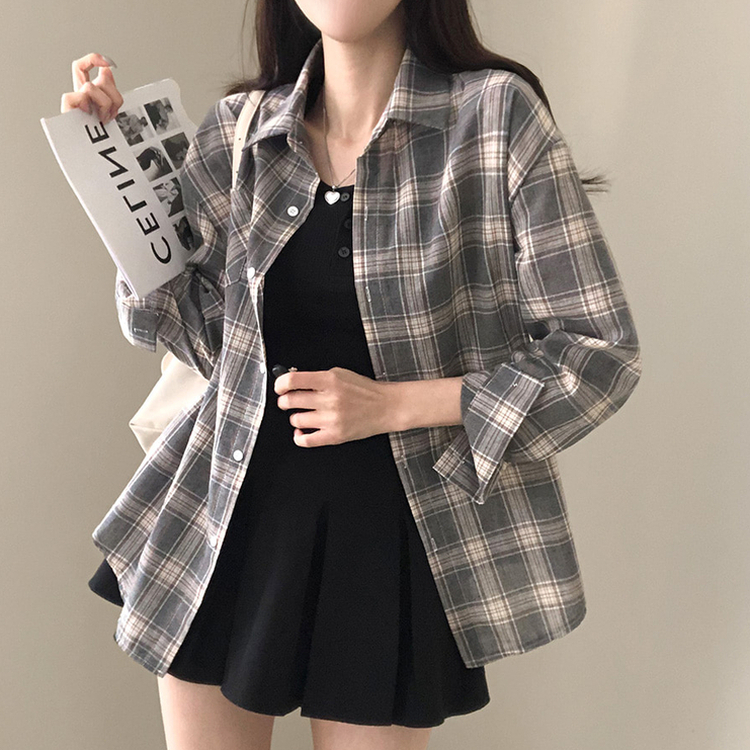 토리 체크 오버핏 셔츠 남방 차콜