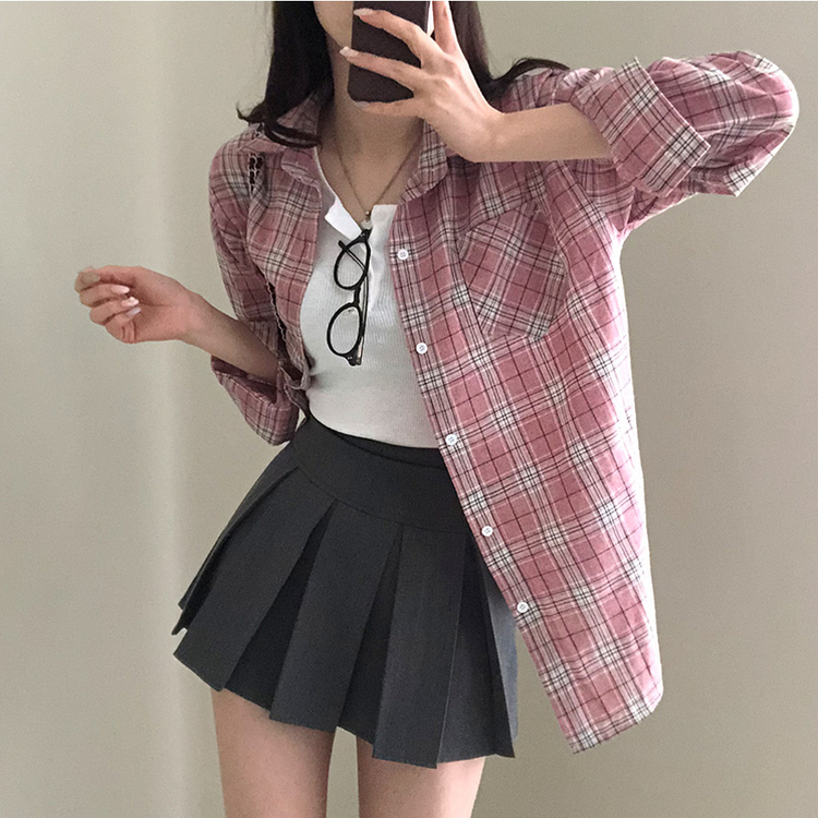 토리 체크 오버핏 셔츠 남방 핑크