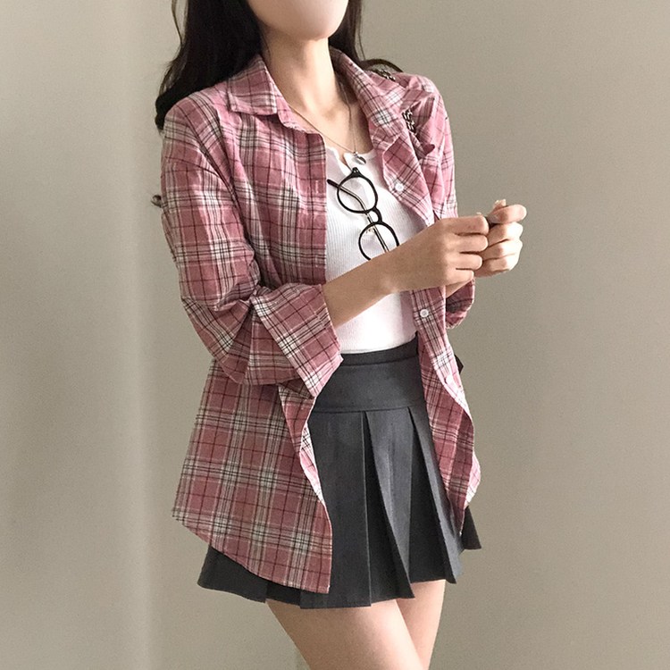 토리 체크 오버핏 셔츠 남방 핑크