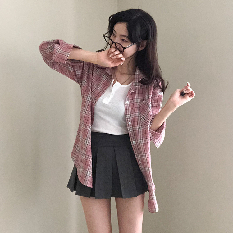 토리 체크 오버핏 셔츠 남방 핑크