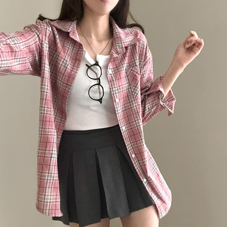 토리 체크 오버핏 셔츠 남방 핑크