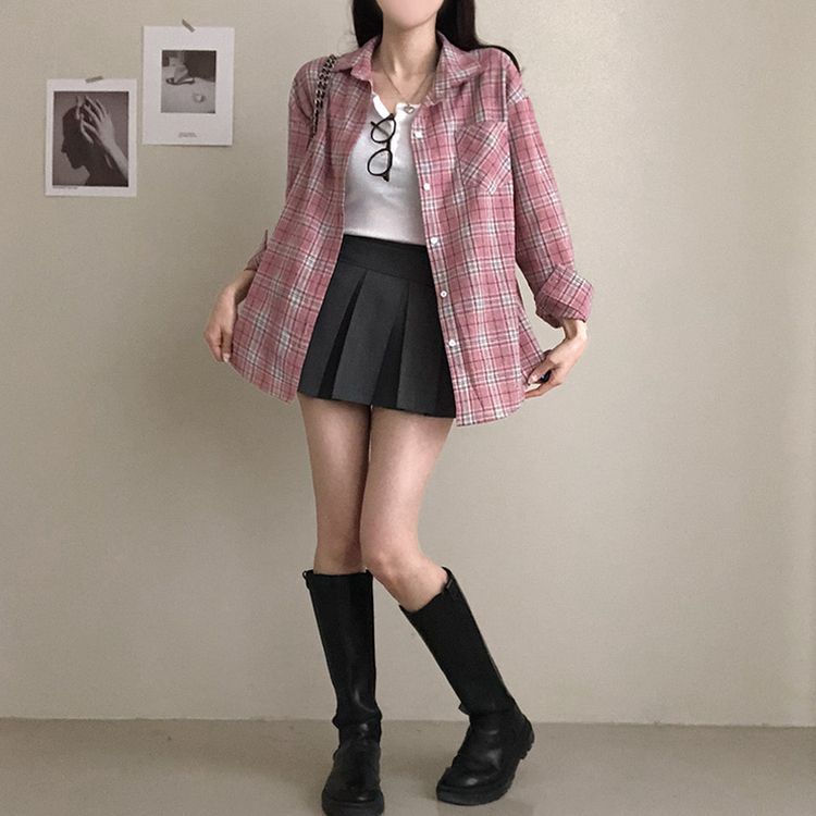 토리 체크 오버핏 셔츠 남방 핑크