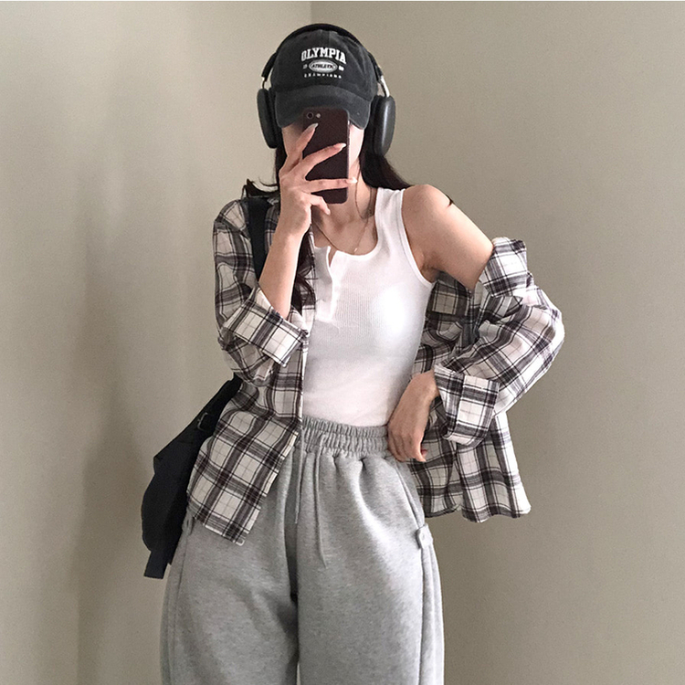 토리 체크 오버핏 셔츠 남방 아이보리