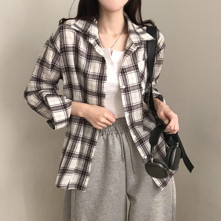 토리 체크 오버핏 셔츠 남방 아이보리