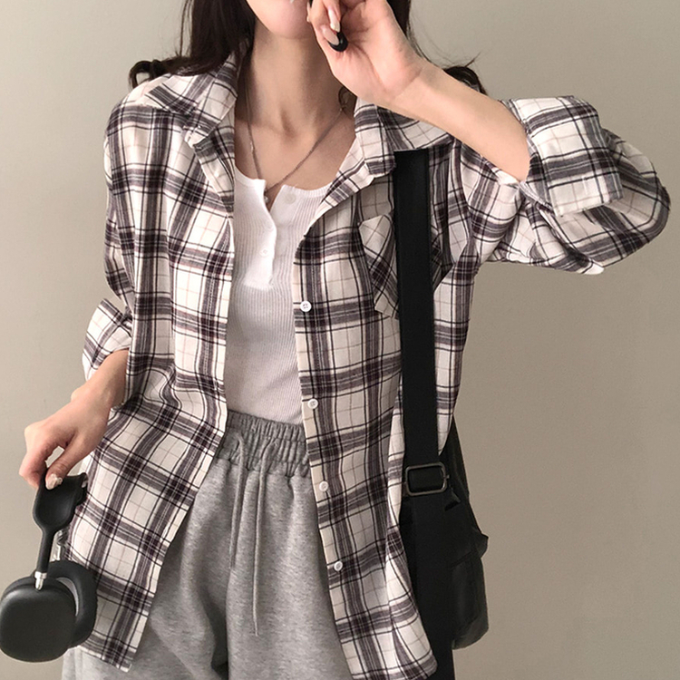 토리 체크 오버핏 셔츠 남방 아이보리