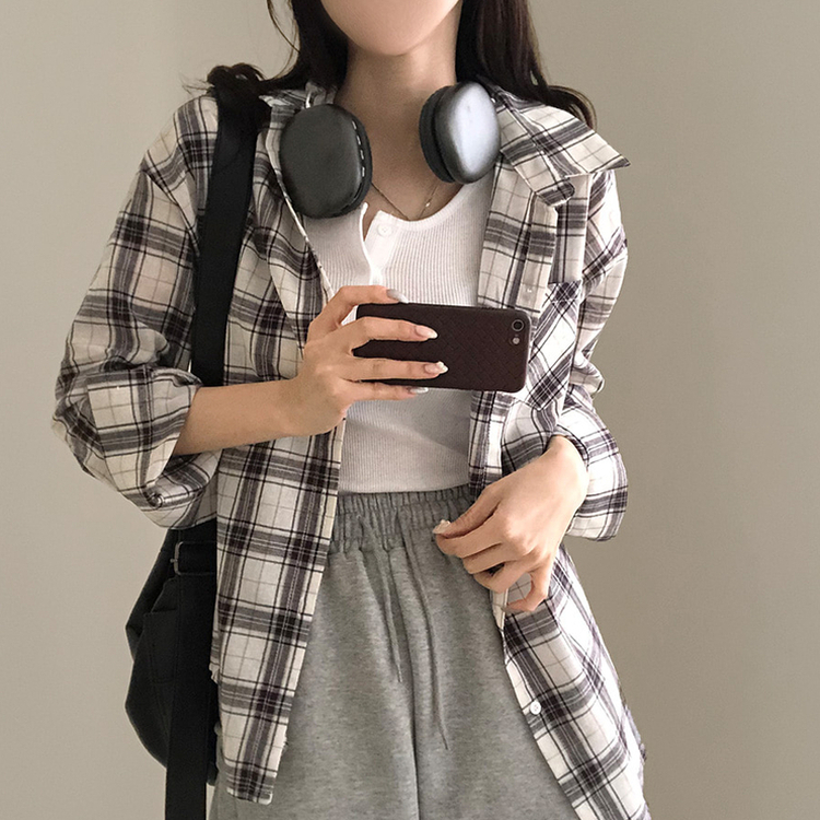 토리 체크 오버핏 셔츠 남방 아이보리