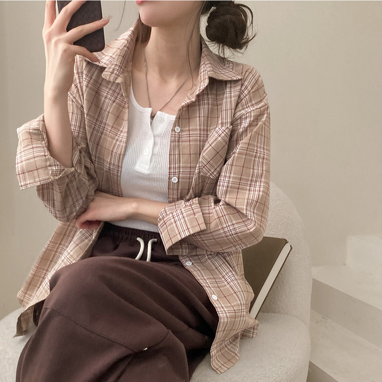 토리 체크 오버핏 셔츠 남방 베이지