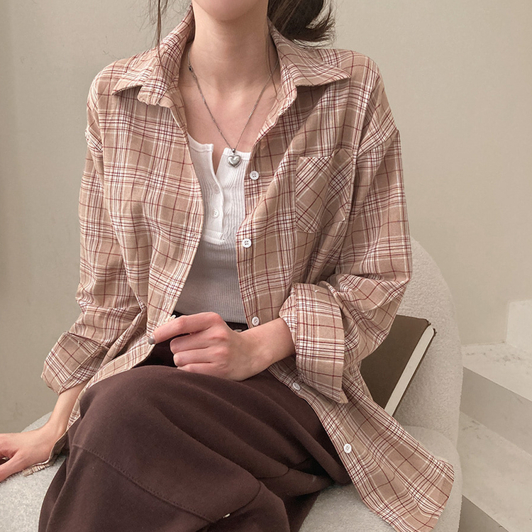 토리 체크 오버핏 셔츠 남방 베이지