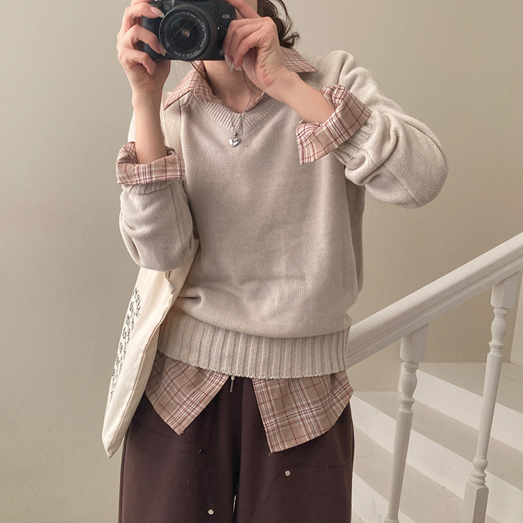 토리 체크 오버핏 셔츠 남방 베이지