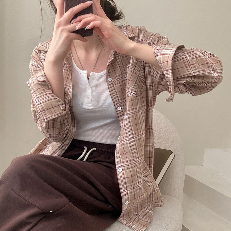 토리 체크 오버핏 셔츠 남방 베이지