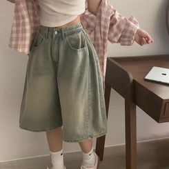 【丈別】ピンタックバミューダデニムパンツ(5color) VINTAGE LIGHT BLUE