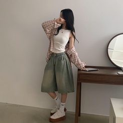 【丈別】ピンタックバミューダデニムパンツ(5color) VINTAGE LIGHT BLUE