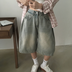 【丈別】ピンタックバミューダデニムパンツ(5color) VINTAGE LIGHT BLUE