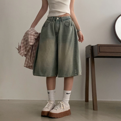 【丈別】ピンタックバミューダデニムパンツ(5color) VINTAGE LIGHT BLUE