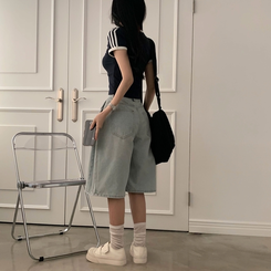 【丈別】ピンタックバミューダデニムパンツ(5color) LIGHT DENIM