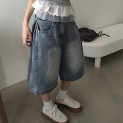 【丈別】ピンタックバミューダデニムパンツ(5color) DARK DENIM