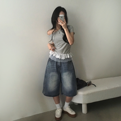 【丈別】ピンタックバミューダデニムパンツ(5color) DARK DENIM