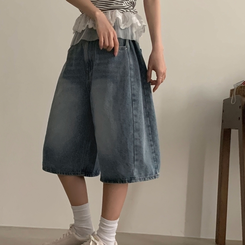 【丈別】ピンタックバミューダデニムパンツ(5color) DARK DENIM
