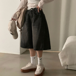 【丈別】ピンタックバミューダデニムパンツ(5color) BLACK DENIM