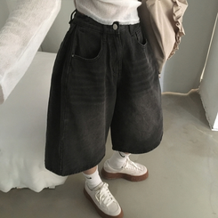【丈別】ピンタックバミューダデニムパンツ(5color) BLACK DENIM
