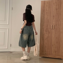 【丈別】ピンタックバミューダデニムパンツ(5color) BLUE