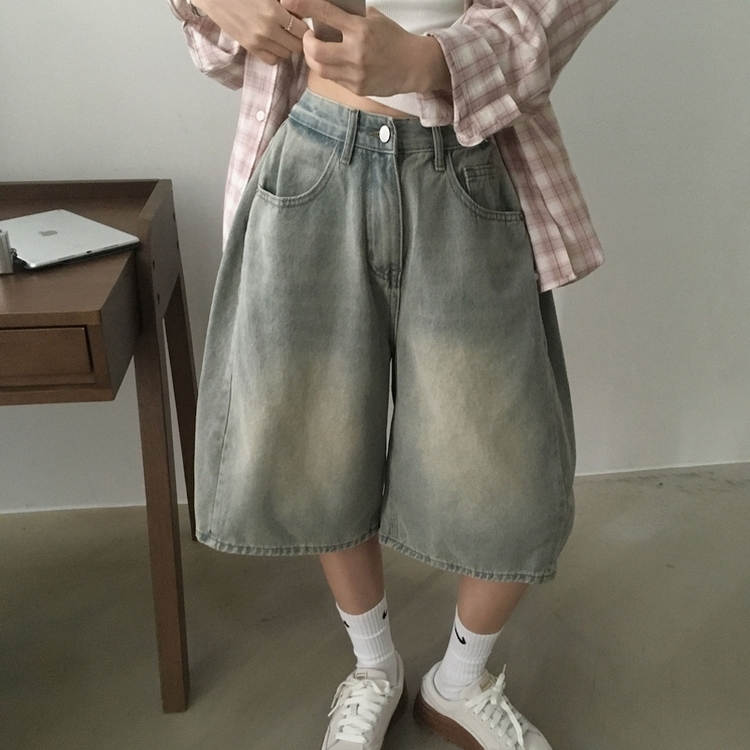 【丈別】ピンタックバミューダデニムパンツ(5color) VINTAGE LIGHT BLUE