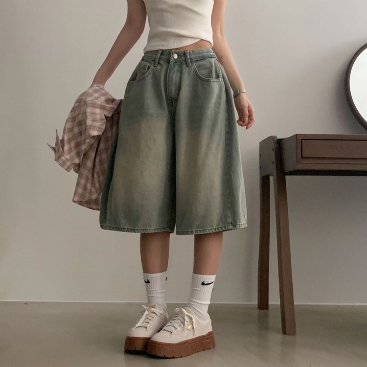 【丈別】ピンタックバミューダデニムパンツ(5color) VINTAGE LIGHT BLUE