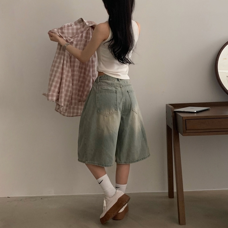 【丈別】ピンタックバミューダデニムパンツ(5color) VINTAGE LIGHT BLUE