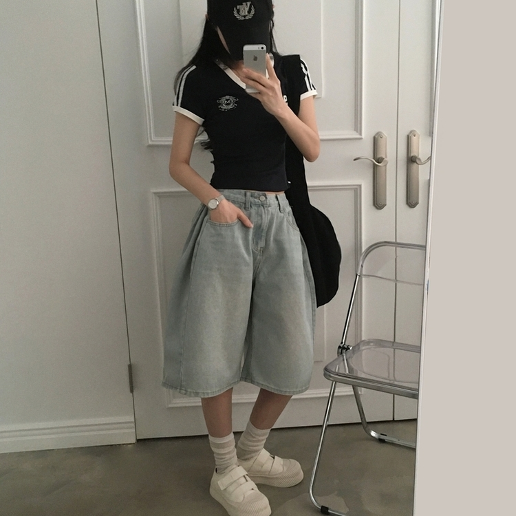 【丈別】ピンタックバミューダデニムパンツ(5color) LIGHT DENIM