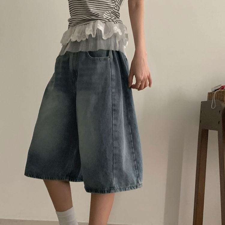 【丈別】ピンタックバミューダデニムパンツ(5color) DARK DENIM