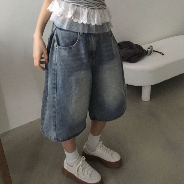 【丈別】ピンタックバミューダデニムパンツ(5color) DARK DENIM