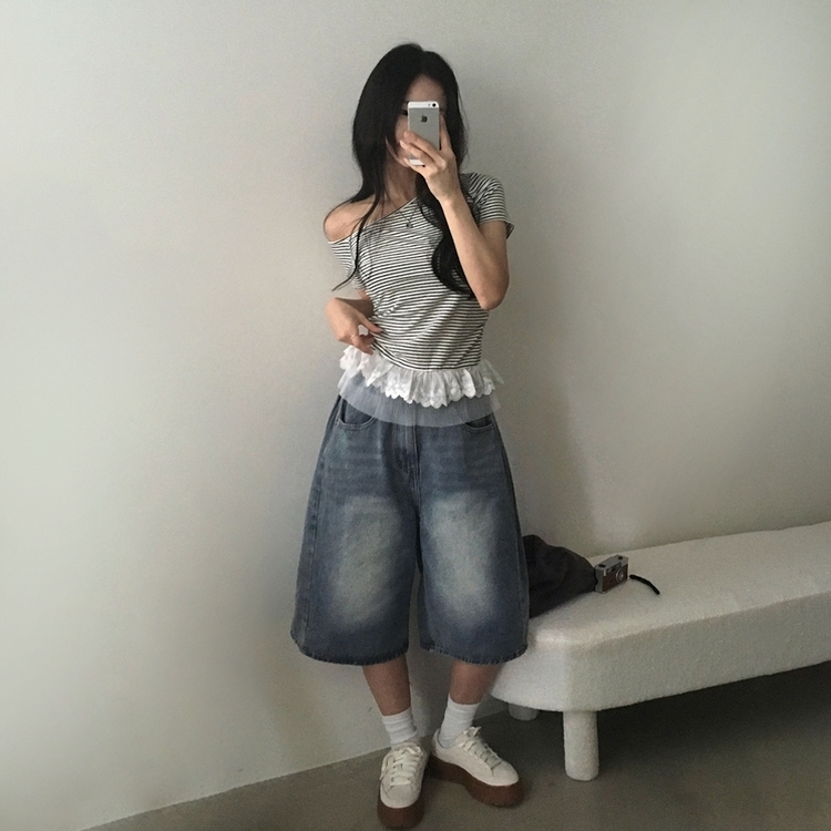 【丈別】ピンタックバミューダデニムパンツ(5color) DARK DENIM