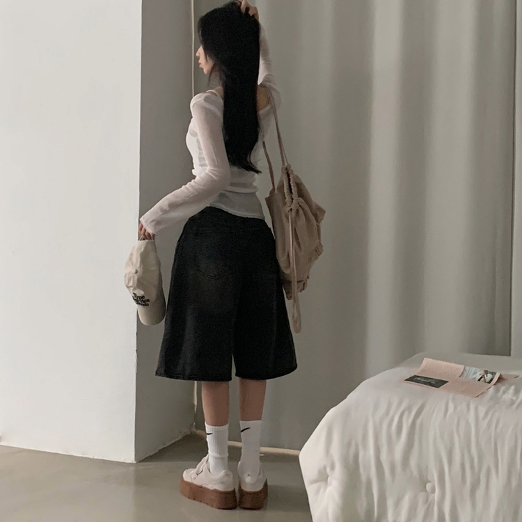 【丈別】ピンタックバミューダデニムパンツ(5color) BLACK DENIM