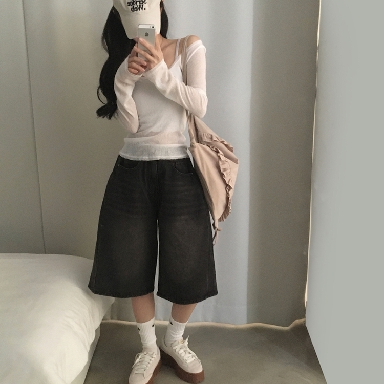 【丈別】ピンタックバミューダデニムパンツ(5color) BLACK DENIM