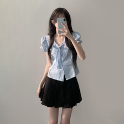 ツーピース 【SET着用可能】リボン半袖ブラウス テニススカート(5color) SKY BLUE-TOP