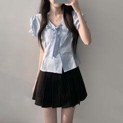 ツーピース 【SET着用可能】リボン半袖ブラウス テニススカート(5color) SKY BLUE-TOP